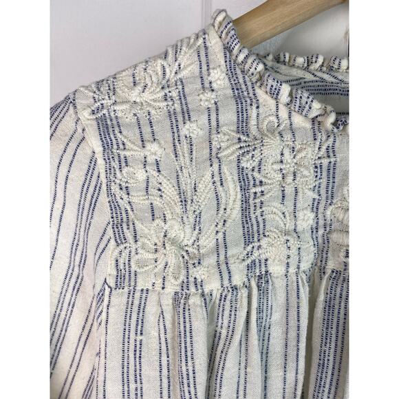 World Market Women's Size S Cream Blue Striped Floral Embroidered Peasant Top - Picture 2 of 7